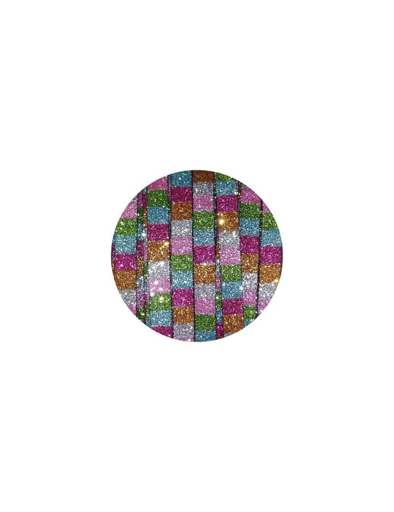 Cordon de cuir plat paillettes 6mm disco carrés multi clair-vente au cm