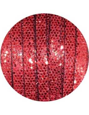 Cordon de cuir plat paillettes 6mm disco rouge vendu au mètre