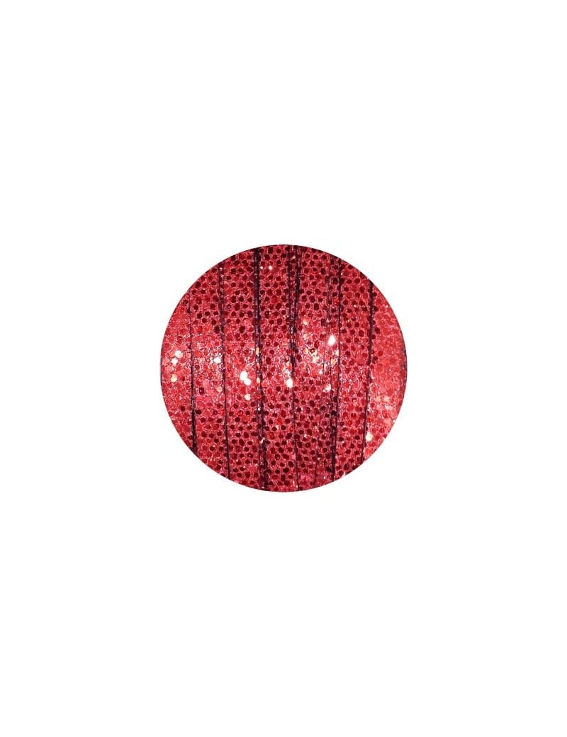 Cordon de cuir plat paillettes 6mm disco rouge vendu au mètre
