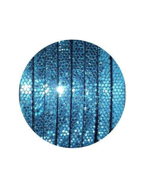 Cordon de cuir plat paillettes 6mm disco bleu vendu au mètre