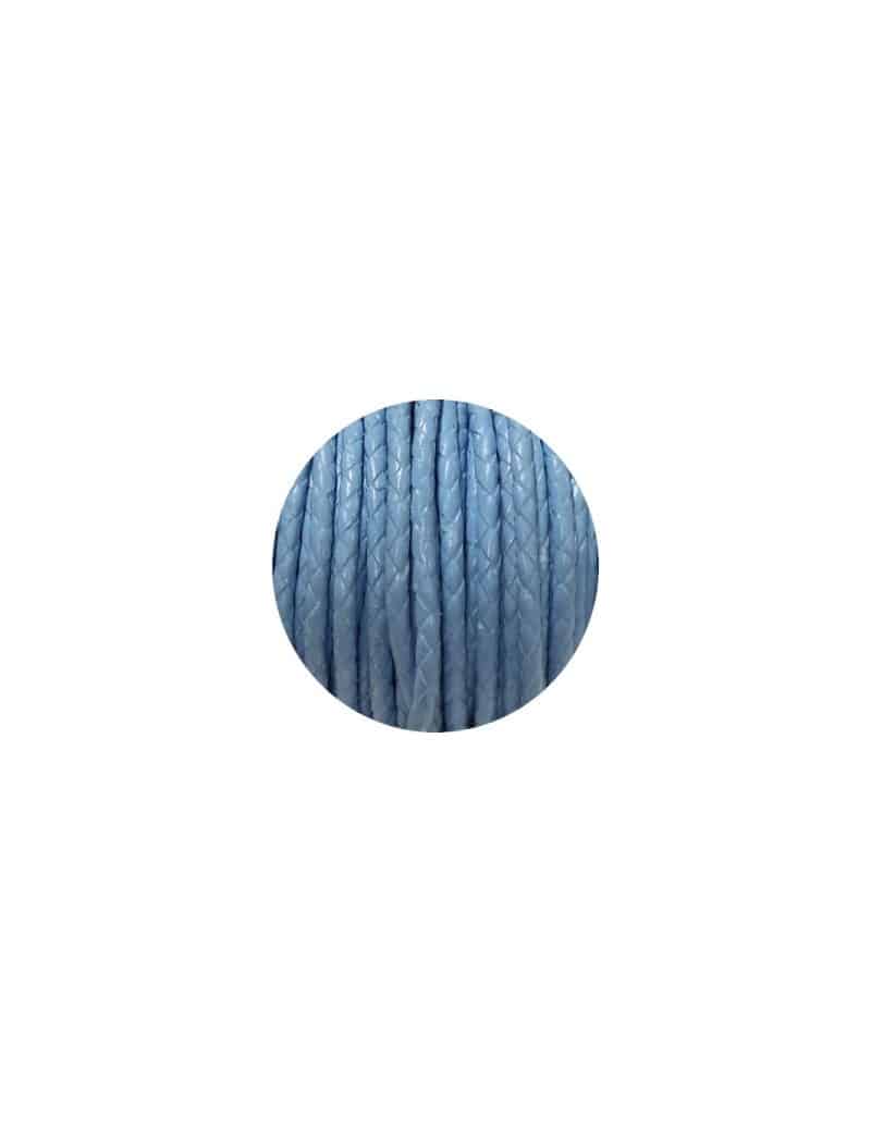 Cordon de cuir rond tresse 3mm bleu ciel en vente au mètre