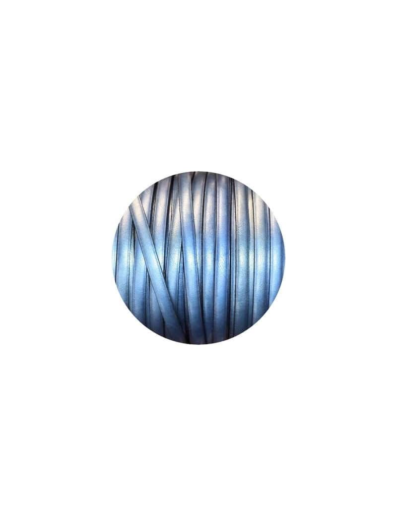 Cordon de cuir plat 5mm couleur bleu clair métallisé-vente au cm
