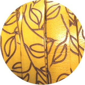 Cuir plat fantaisie jaune de 10mm gravures feuilles en vente au cm