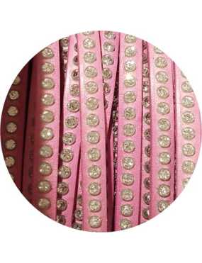 Cordon de cuir plat 6mm rose bebe avec strass-vente au cm