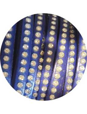 Cordon de cuir plat 6mm bleu cobalt avec strass-vente au cm