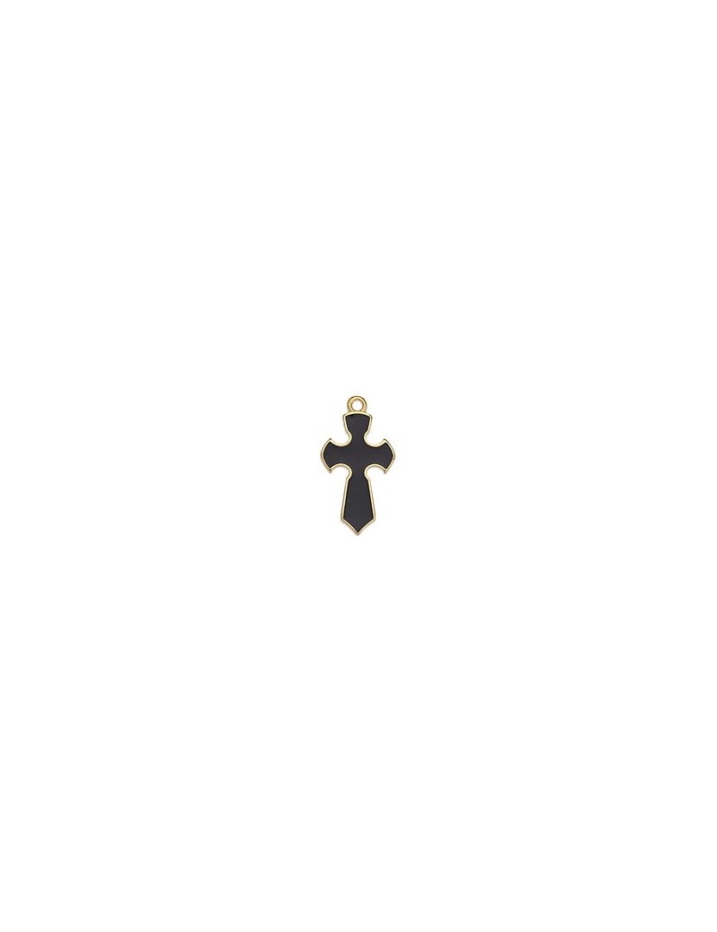 Pampille croix de 23mm en métal couleur or avec émail noir