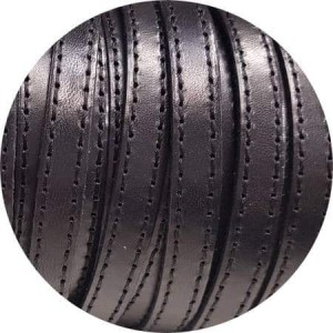 Cordon de cuir plat 10mm noir coutures noires vendu au mètre-Premium