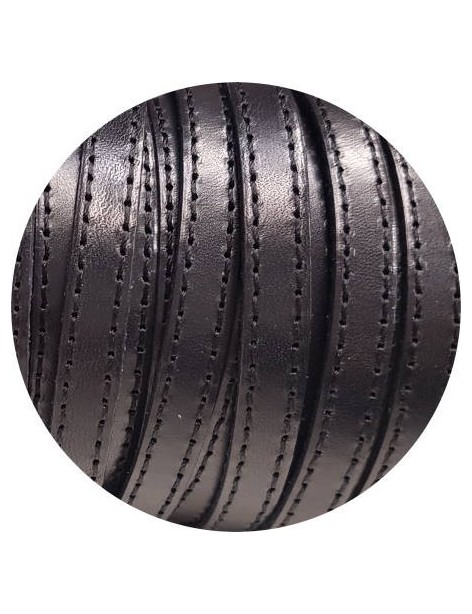 Cordon de cuir plat 10mm noir coutures noires vendu au mètre-Premium