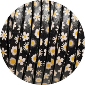 Cuir plat 5mm fantaisie noir imprimé fleurs blanches et jaunes en vente au cm