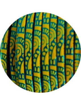 Cuir plat 5mm imprimé dentelle bleu métal sur fond jaune en vente au cm