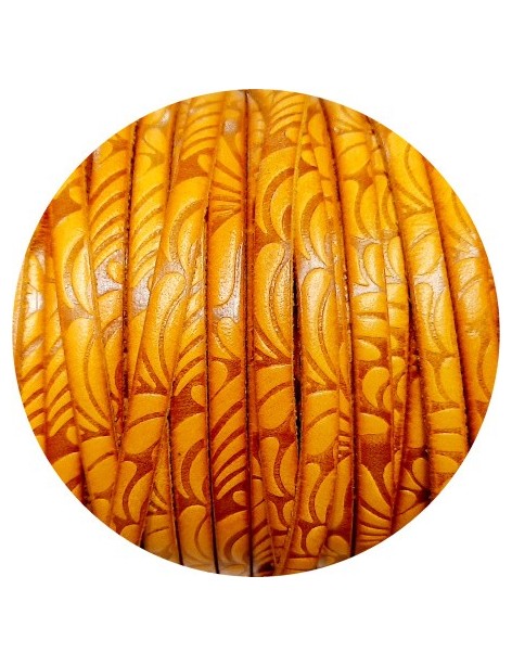 Cuir plat de 5mm fantaisie avec relief floral jaune orangé en vente au cm