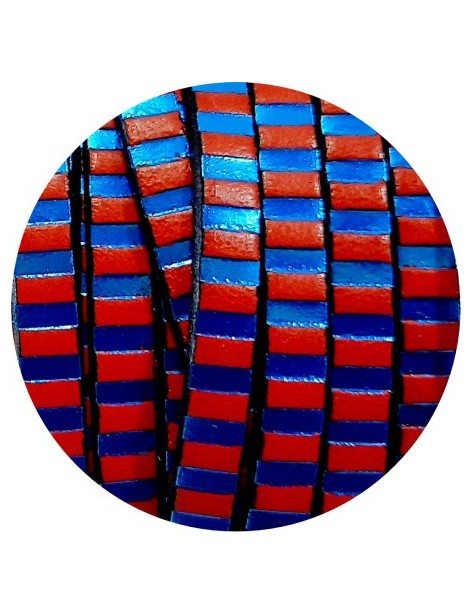 Cuir plat de 5mm fantaisie avec rayures bleues et rouges en vente au cm