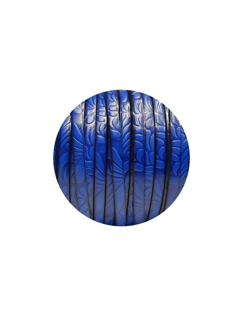 Cuir plat de 5mm fantaisie avec relief floral bleu électrique en vente au cm
