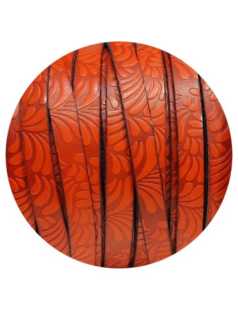 Cuir plat de 10mm fantaisie avec relief floral orange  foncé en vente au cm