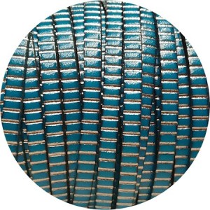 Cuir plat 5mm fantaisie strié bleu turquoise et argent-vente au cm