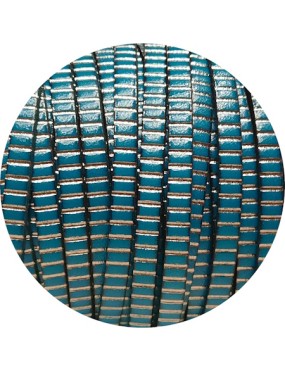 Cuir plat 5mm fantaisie strié bleu turquoise et argent-vente au cm