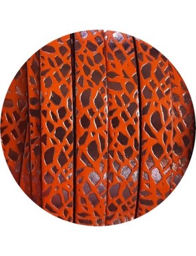 Cuir plat fantaisie de 10mm motifs or rose sur fond orange vif en vente au cm